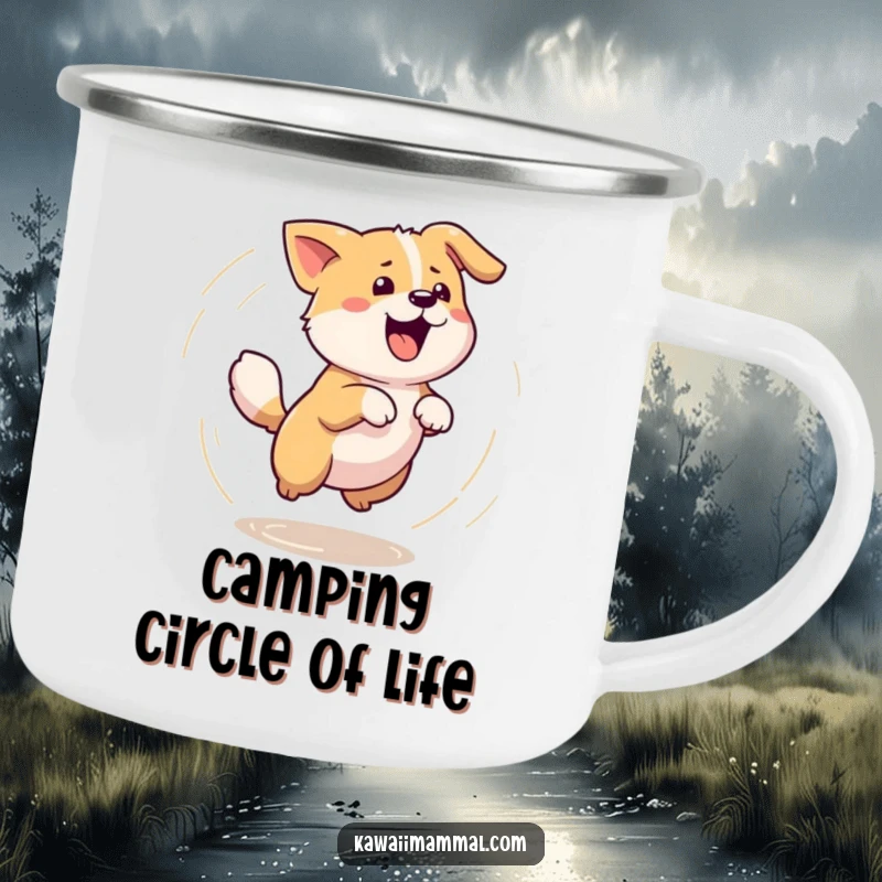 Funny camping mug featuring a Kawaii dog spinning dizzyingly while chasing its tail, perfect for outdoor drinks and canine humor.