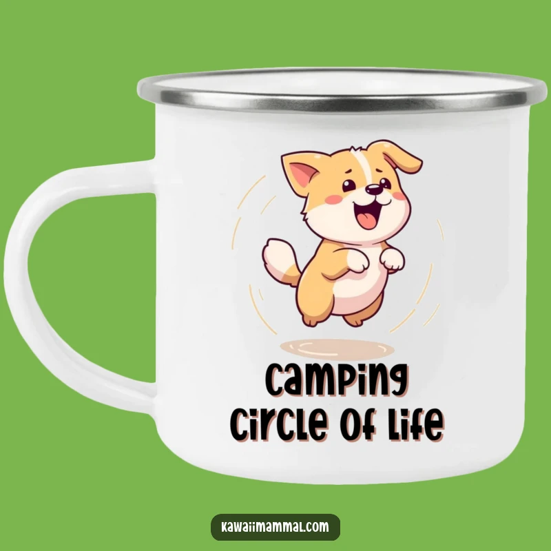 Funny Kawaii Dog Tail Chase Camping Mug - Outdoor Dizzy Pup Drinkware Gift