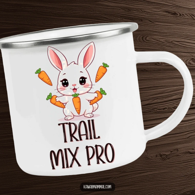 Funny camping mug featuring a Kawaii rabbit with wide eyes juggling three carrots, perfect for outdoor drinks and humorous rabbit antics.