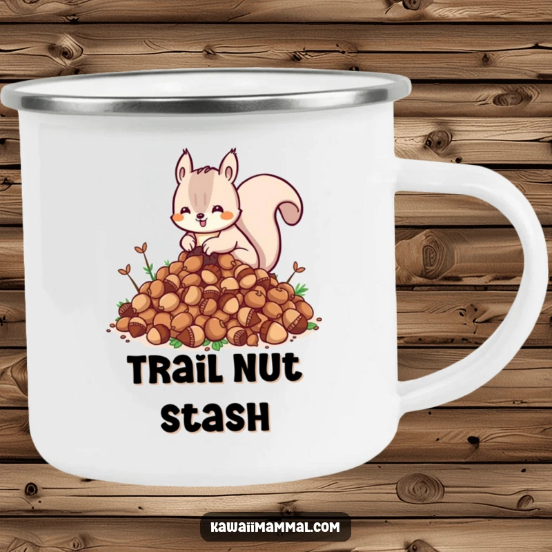 Funny Kawaii Squirrel Camping Mug: A cute squirrel excitedly protecting its massive acorn pile, ready for any outdoor adventure with a funny twist.