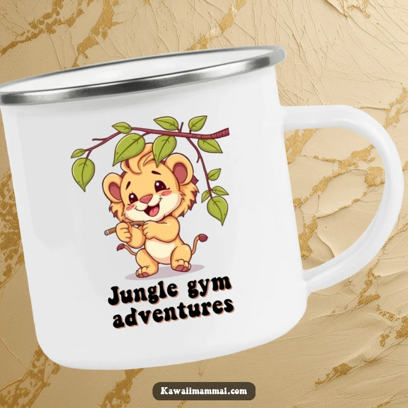Funny lion cub camping mug, playfully batting at a dangling vine, ready for outdoor fun and warm drinks.