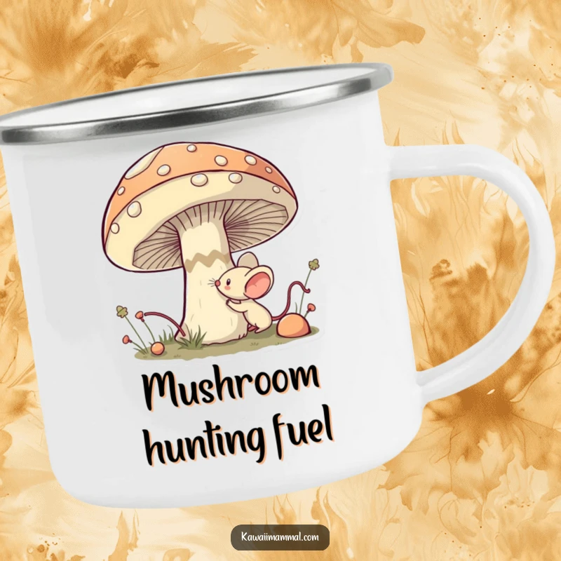 Funny Mouse Camping Mug: Sturdy kawaii mouse bravely sniffing a giant mushroom, ready for outdoor explorations.