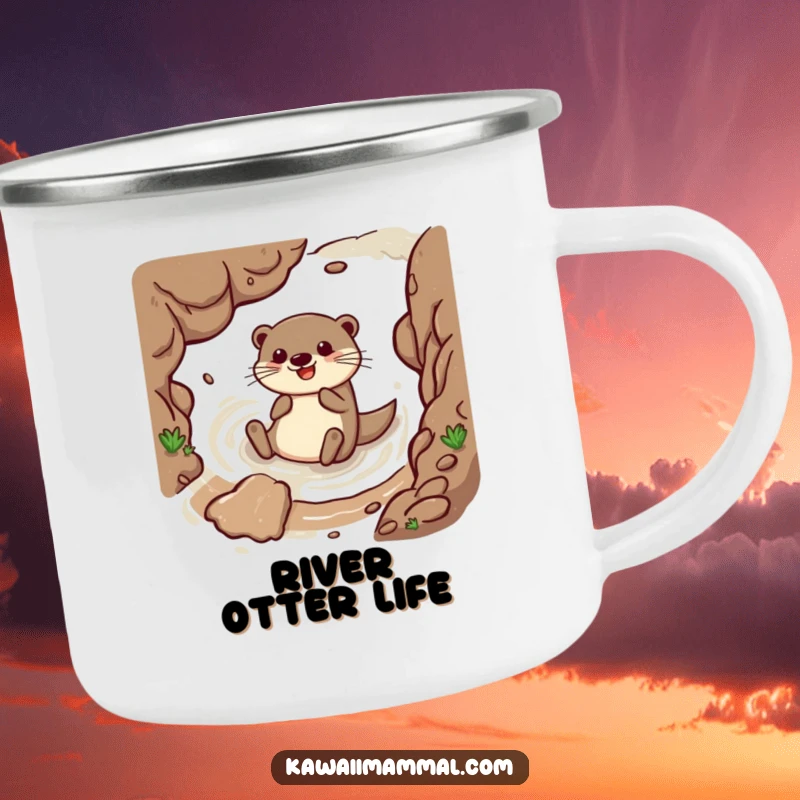 Funny camping mug with a happy otter sliding down a muddy embankment, ideal for enjoying drinks with a side of watery humor.