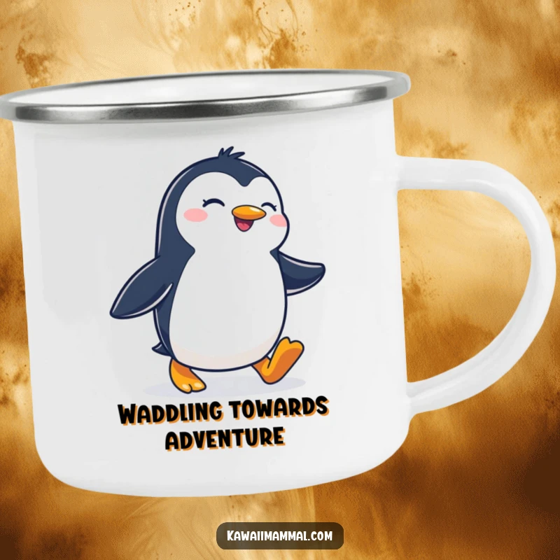 Funny camping mug depicting a joyous penguin waddling with a determined stride, designed for outdoor enthusiasts who love humor and motivation.