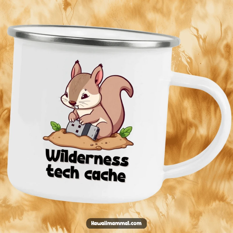 Funny camping mug showing a determined squirrel character burying a USB drive, symbolizing secure data storage in the wild.