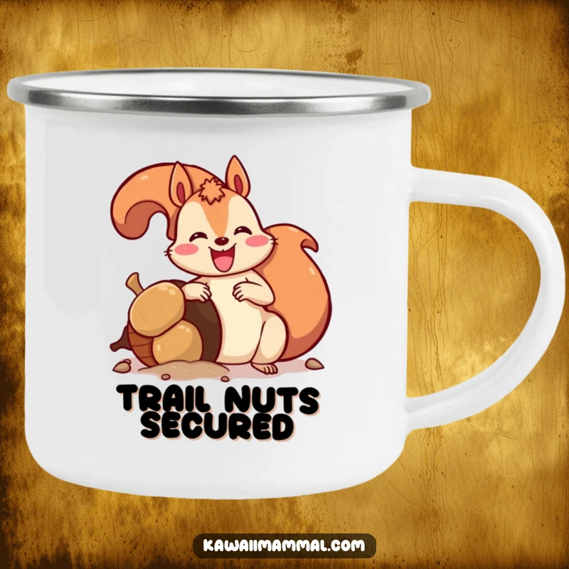 Funny camping mug with an excited squirrel burying a giant acorn, ideal for enjoying drinks with a side of woodland humor.