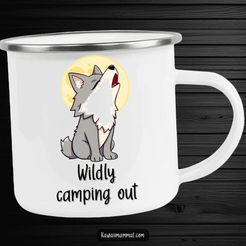Funny Wolf Camping Mug featuring a proud wolf character howling at a cartoon moon, a rugged and humorous companion for outdoor trips.