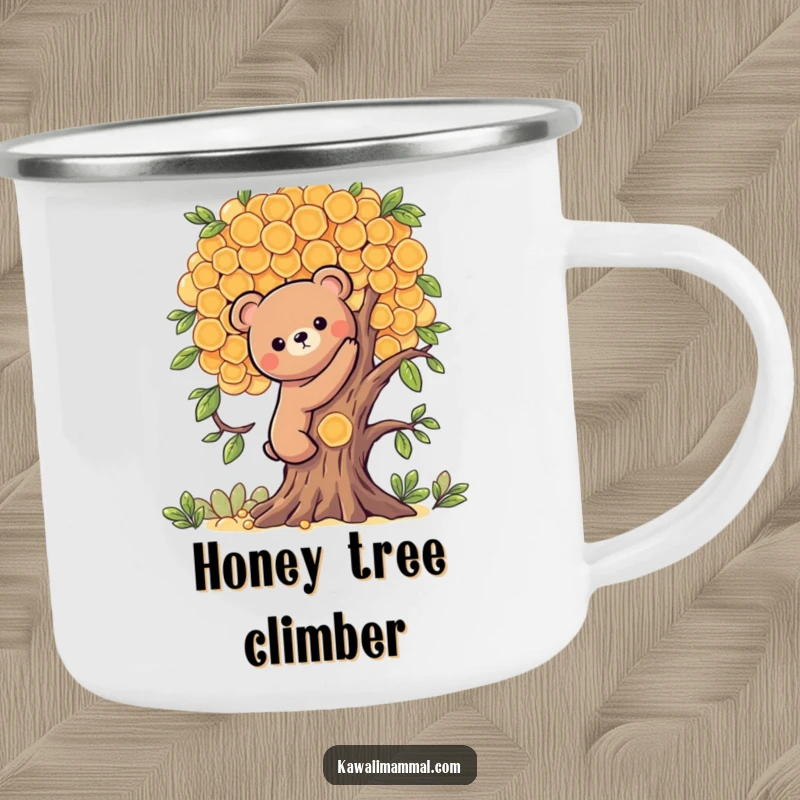 Funny camping mug featuring a Kawaii bear character climbing a honeycomb tree, perfect for outdoor drinks and humorous bear adventures.