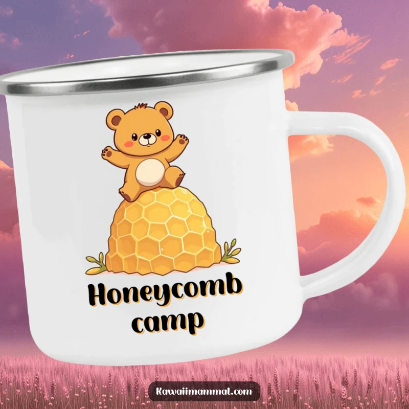 Funny camping mug showing a determined bear character humorously balancing on a giant honeycomb, perfect for outdoor lovers.