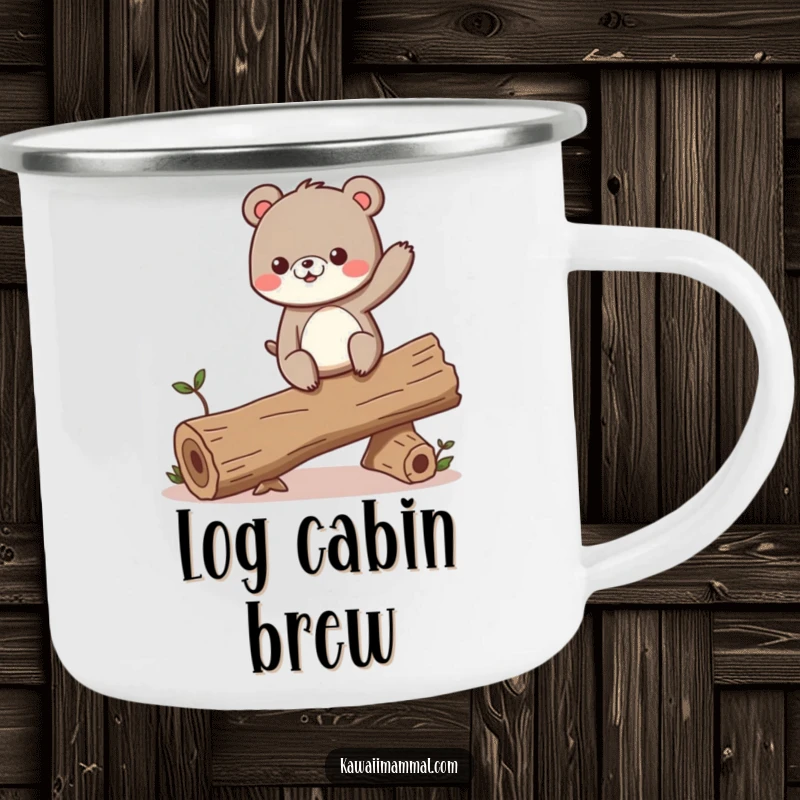 Funny camping mug showing a curious bear character excitedly balancing on a wobbling log in an outdoor setting.