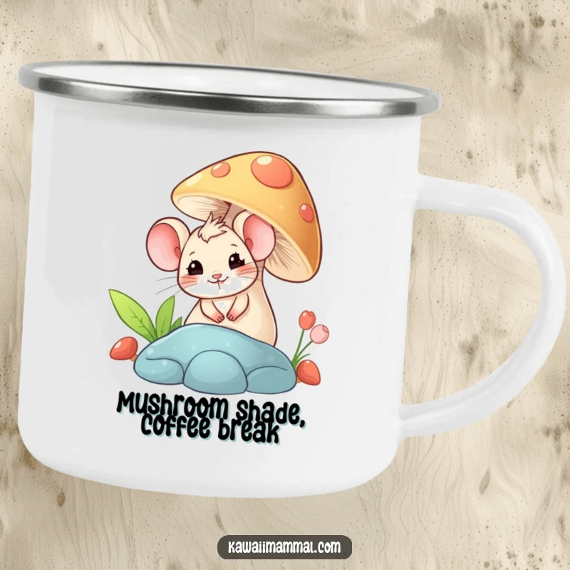 Funny camping mug showing a giggling mouse peeking from behind a mushroom, perfect for outdoor enthusiasts who love cute and humorous items.