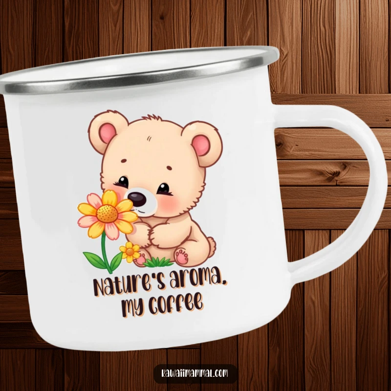 Funny camping mug depicting a curious bear cub sniffing a colorful flower, designed for outdoor enthusiasts who love nature and humor.