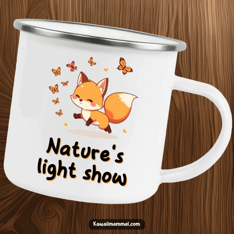 Funny Camping Mug: A playful fox with a bushy tail chases butterflies, perfect for outdoor adventures and morning brews.