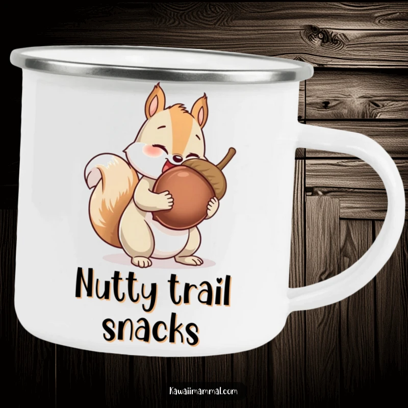 Funny Squirrel Camping Mug featuring a giggling squirrel character collecting an impossibly large acorn, a humorous companion for outdoor excursions.