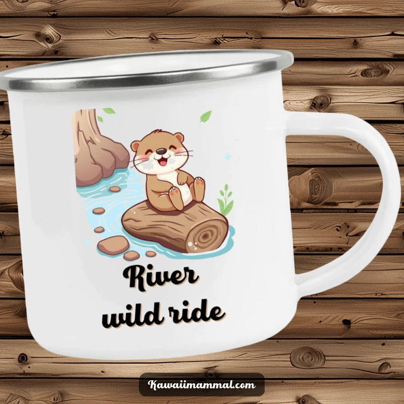 Funny camping mug with a playful otter sliding down a river log, perfect for outdoor use and as a funny gift.