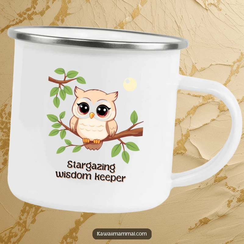 Funny kawaii owl camping mug showcasing a wise character observing with wide eyes, built for rugged adventures and humor.