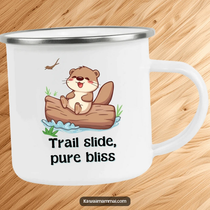 Funny otter sliding down a giant river log, on a sturdy camping mug for outdoor adventures.