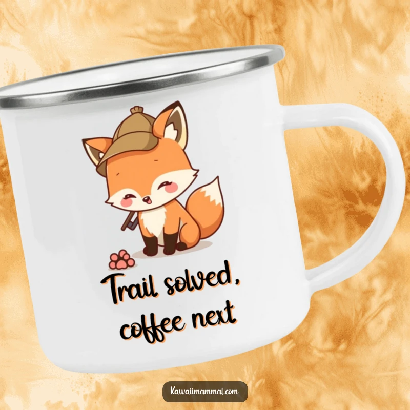 Funny fox detective in a hat sniffing a paw print, on a sturdy camping mug for outdoor adventures.