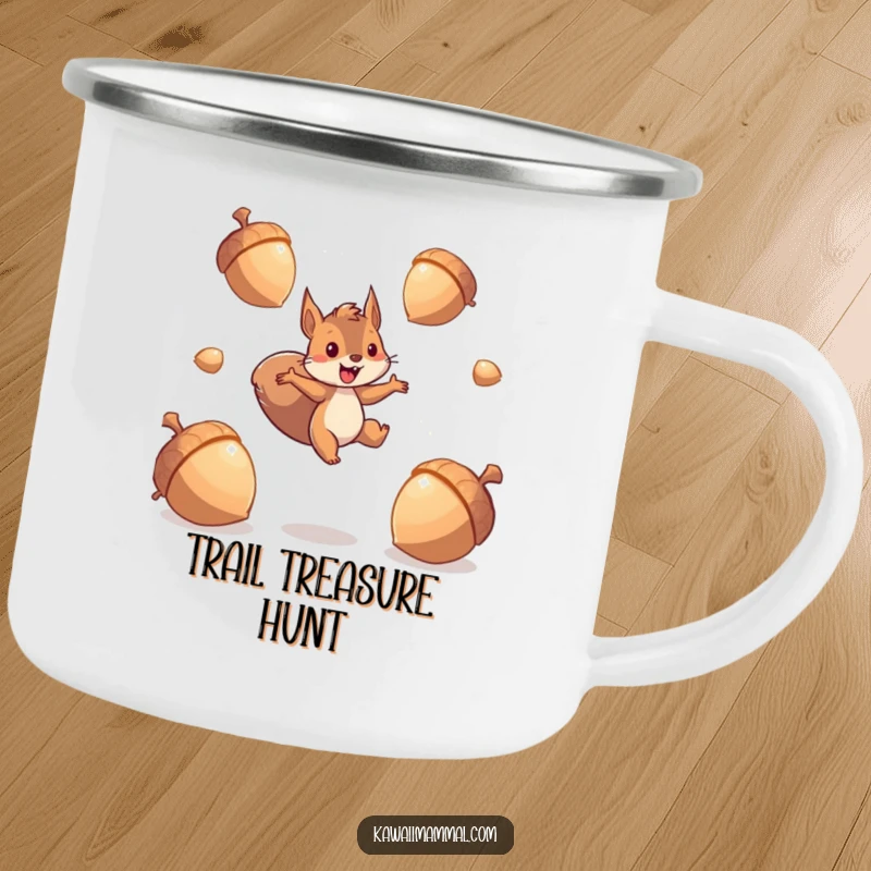 Funny squirrel camping mug with an energetic character leaping between giant, sparkling acorns, perfect for enjoying drinks outdoors with lively spirit.