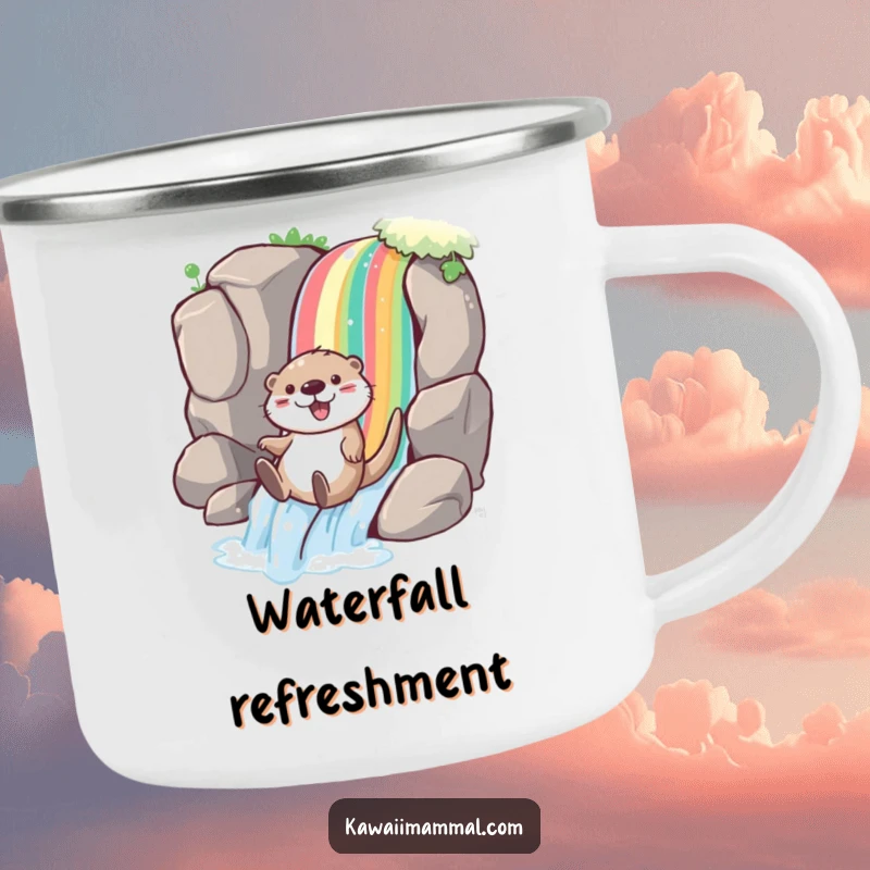 Funny otter camping mug with a playful character joyfully sliding down a rainbow waterfall, perfect for enjoying drinks outdoors with vibrant joy.