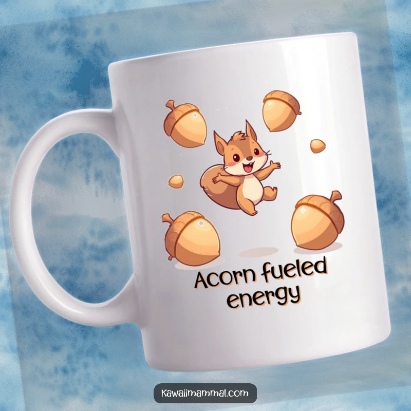 Funny squirrel mug with an energetic character leaping between giant, sparkling acorns, embodying high energy and playful abundance.