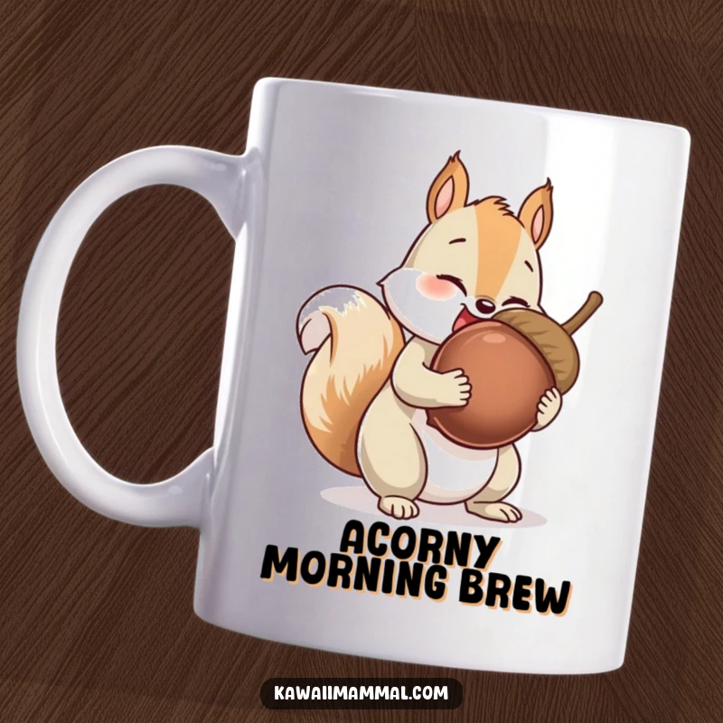 Funny Squirrel Mug with a giggling character collecting an impossibly large acorn, a whimsical and humorous depiction of squirrel ambition.