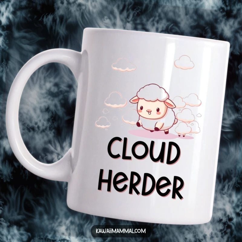 Funny Kawaii Sheep Cloud Herder Mug: A cute sheep comically tries to herd fluffy clouds, full of funny, dreamy determination.