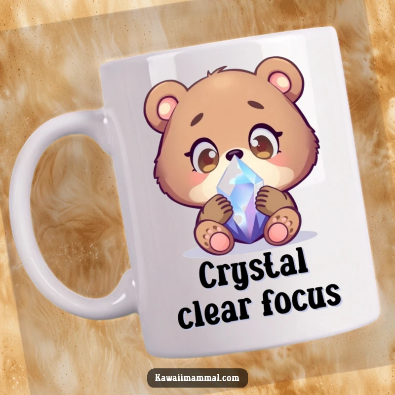 Funny bear cub mug with a focused character examining a shimmering crystal with wide, wondering eyes, embodying innocent curiosity and fascination.