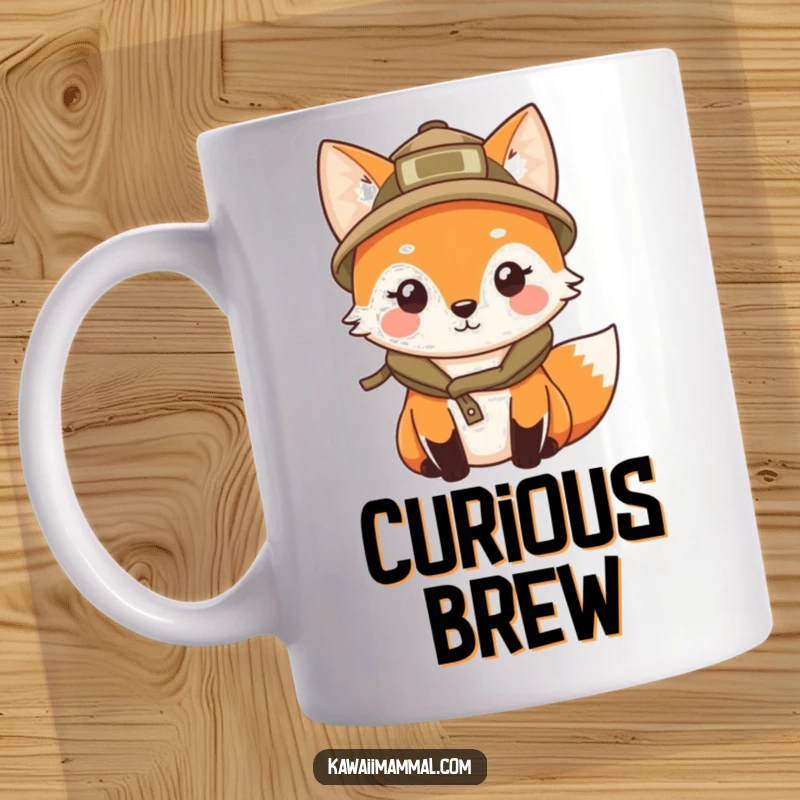 Funny mug featuring a kawaii fox in an explorer hat, peering curiously into the distance, ready for adventure.