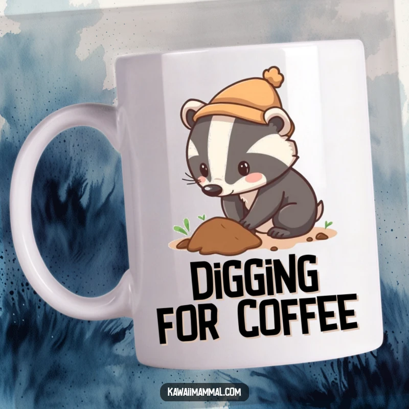 Funny mug featuring a curious badger character wearing a tiny hat, digging with intense determination, embodying a spirit of exploration.