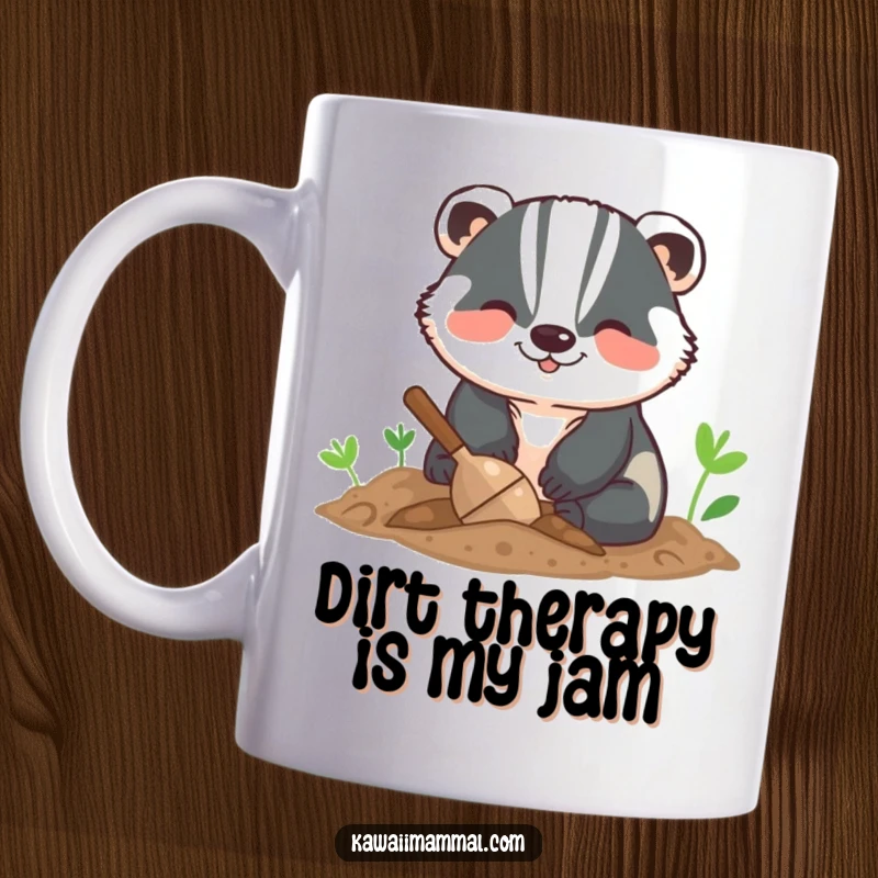 Funny mug featuring a smiling badger digging with intense energy in loose soil, conveying pure, unadulterated fun and enthusiasm.