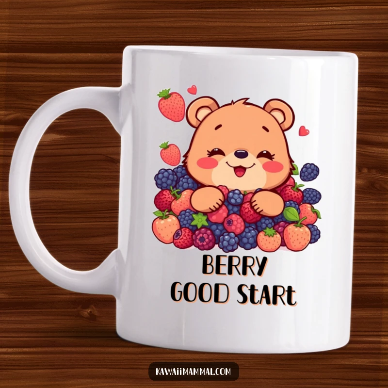 Funny mug featuring a joyful bear character with a huge grin, happily devouring a massive, colorful pile of ripe berries.