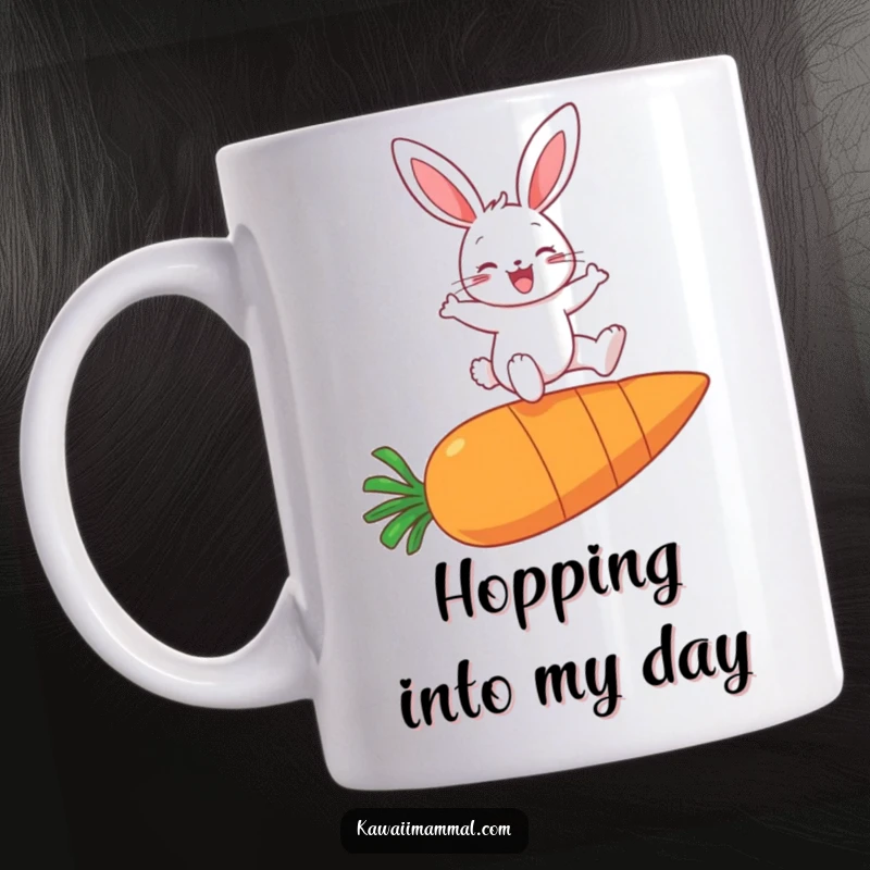 Funny mug showcasing a cheerful bunny mid-air, joyfully leaping over an oversized carrot with a happy expression.
