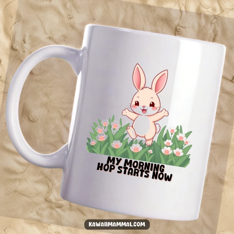 Funny mug featuring a cute, energetic bunny leaping joyfully through a field of green clover, embodying pure springtime delight.