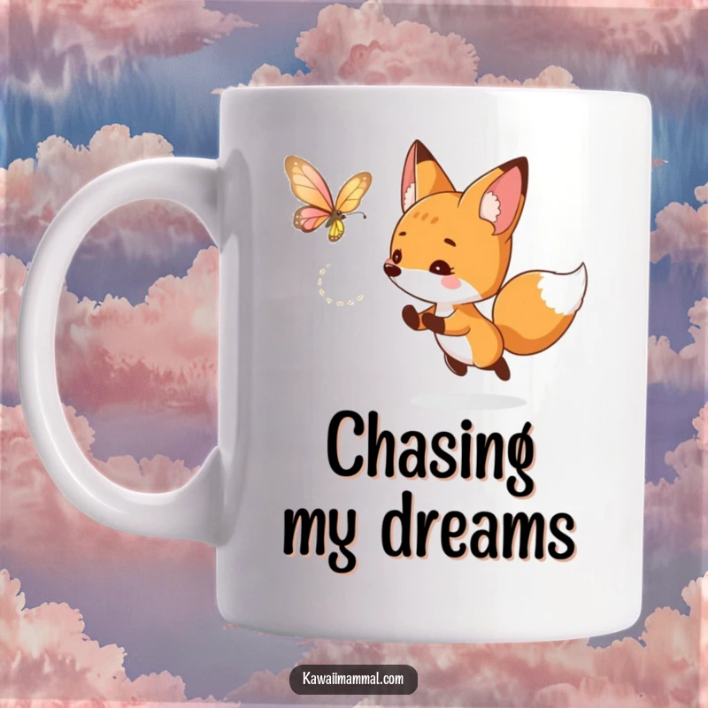 Funny fox mug with a curious character playfully chasing a luminous butterfly, capturing a moment of enchanting wonder and light.