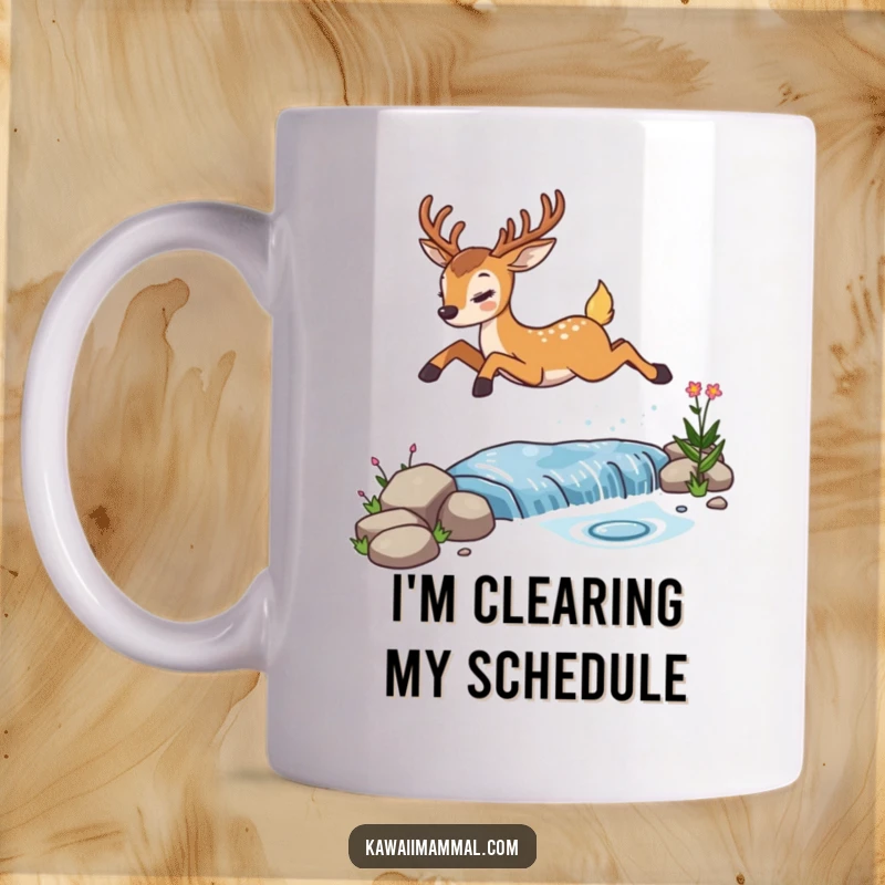 Funny determined deer mug, leaping gracefully over a sparkling stream, showing off its adventurous spirit and sense of humor.