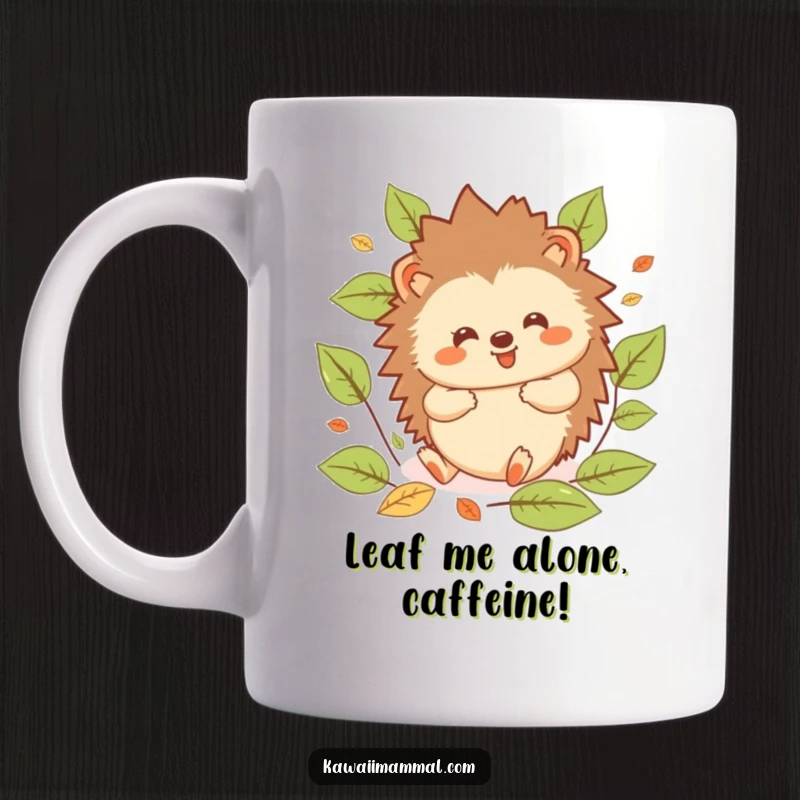 Funny Hedgehog Mug: Adorable kawaii hedgehog joyfully rolling amongst colorful autumn leaves, expressing pure glee and seasonal delight.