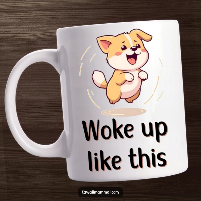 Funny Kawaii dog mug showing a cute dog spinning in a dizzy circle while enthusiastically chasing its own tail, full of energy.