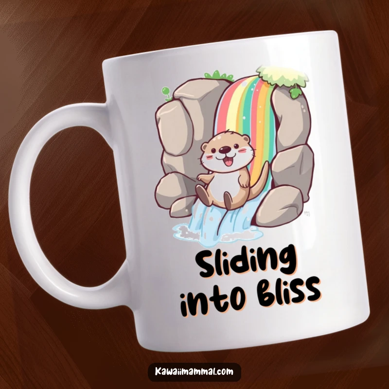 Funny otter mug with a playful character joyfully sliding down a rainbow waterfall, embodying pure delight and vibrant fun.