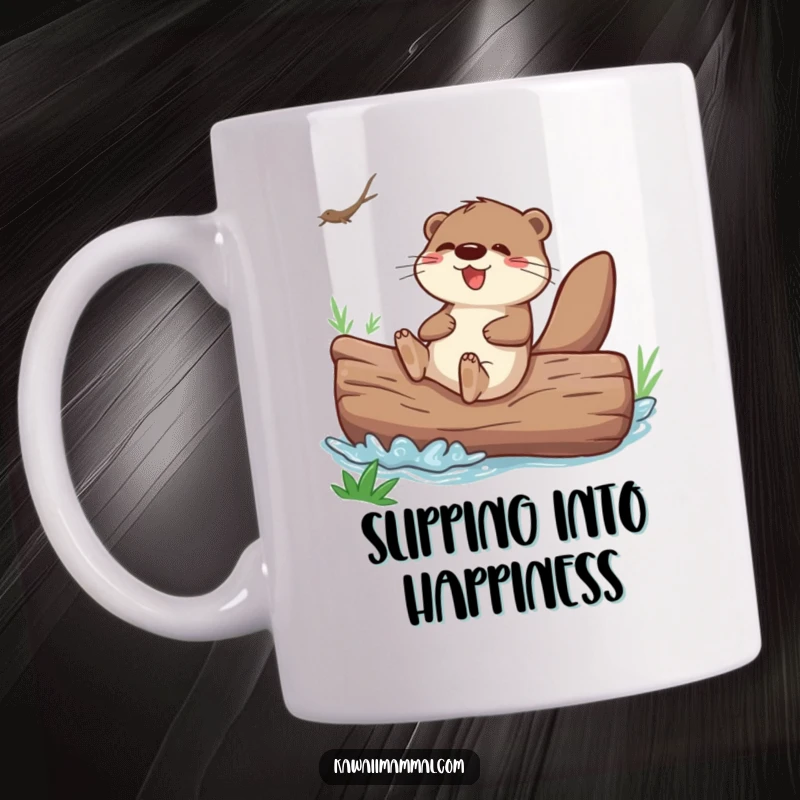 Funny otter character joyfully sliding down a giant river log on a mug, depicting pure, unadulterated fun.