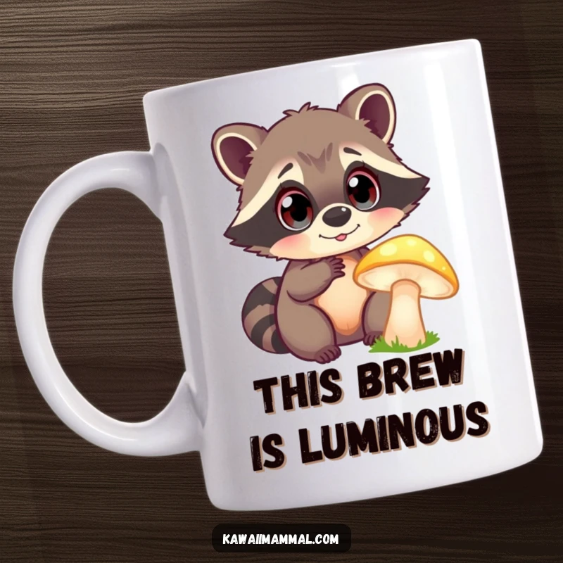 Funny Mug: A curious raccoon with large, bright eyes enthusiastically examines a glowing mushroom, highlighting wonder and discovery.