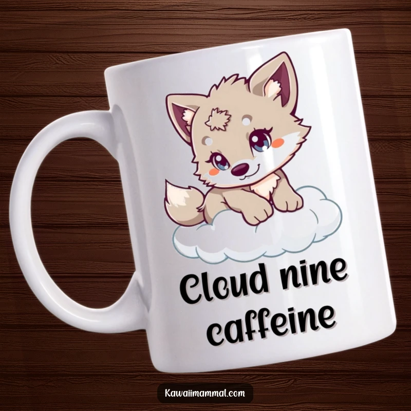 Funny Wolf Cub Mug: A playful cub with wide eyes cautiously pounces on a soft, fluffy cloud, dreaming of adventure and fun.