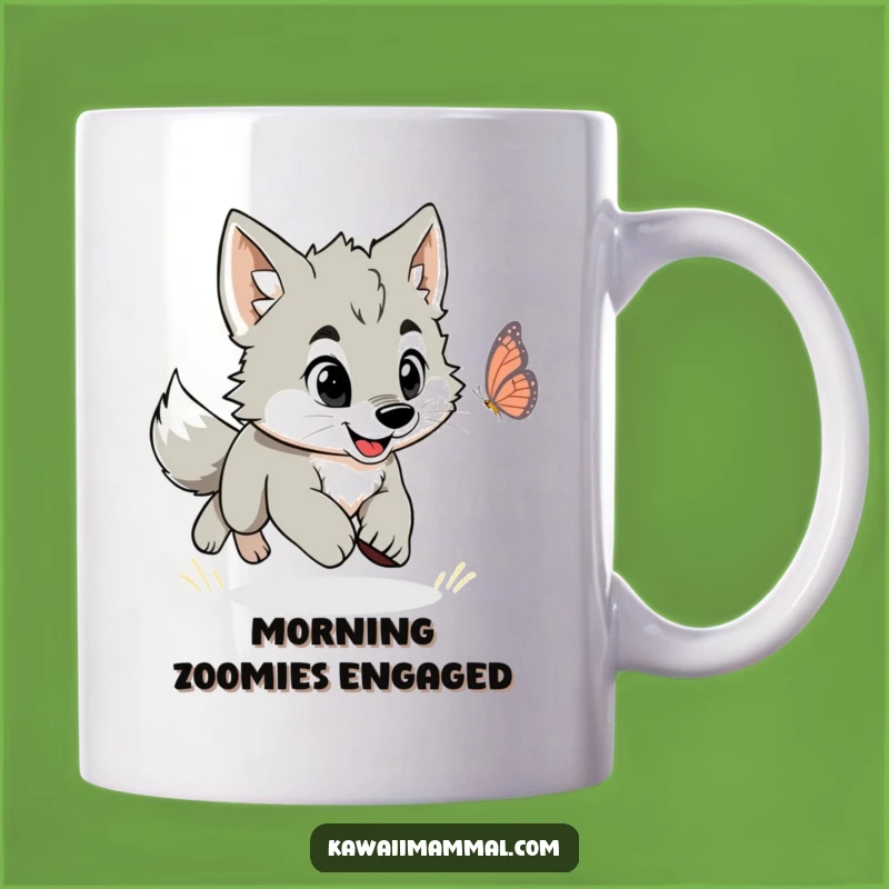 Funny Wolf Puppy Butterfly Mug: Energetic Chase Humor for Playful Mornings