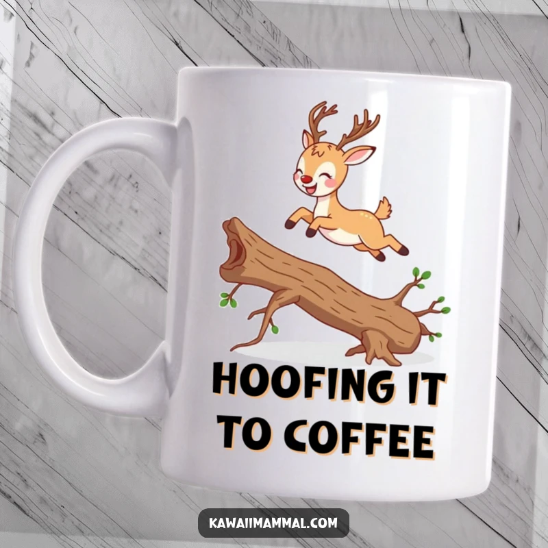 Funny joyful deer character elegantly leaping over a fallen branch, a graceful and humorous mug.