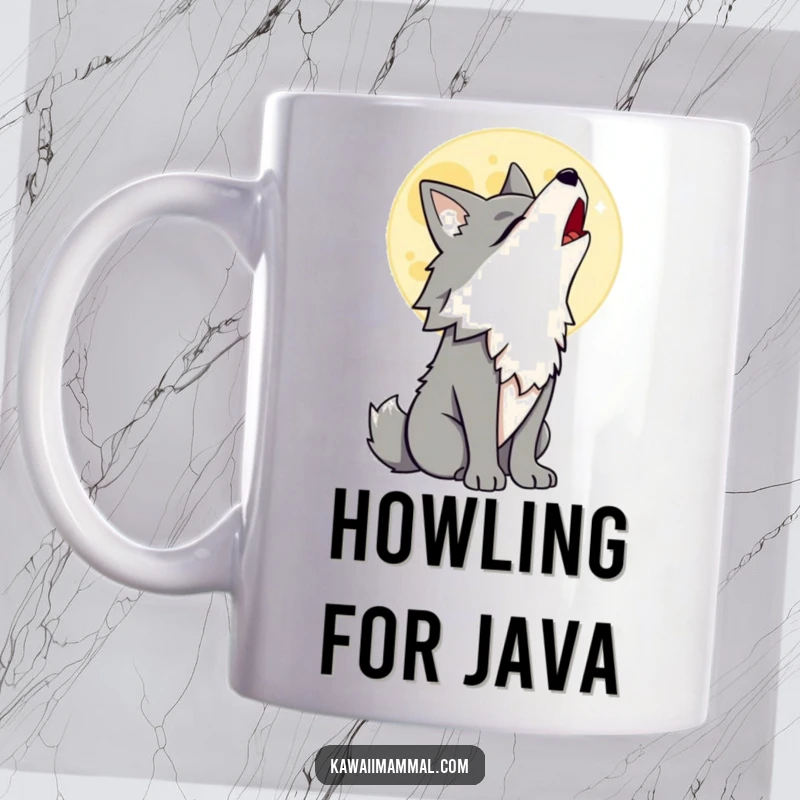 Funny Wolf Mug with a proud wolf character howling at a cartoon moon, a classic and humorous scene for any admirer.