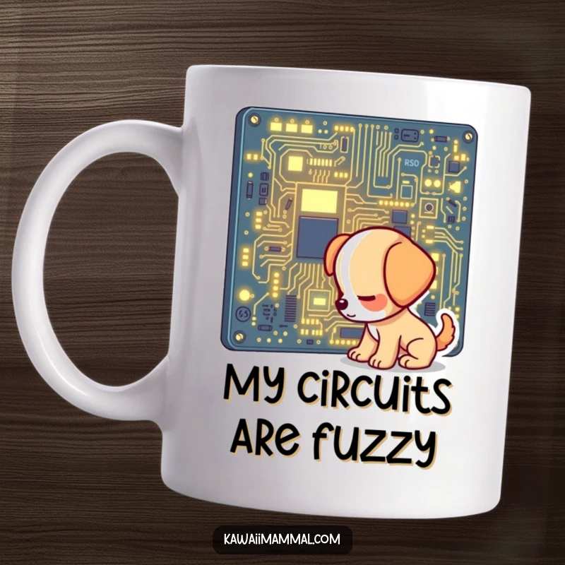 Funny puppy mug with a curious expression sniffing a massive, glowing computer circuit board, symbolizing tech exploration and cuteness.