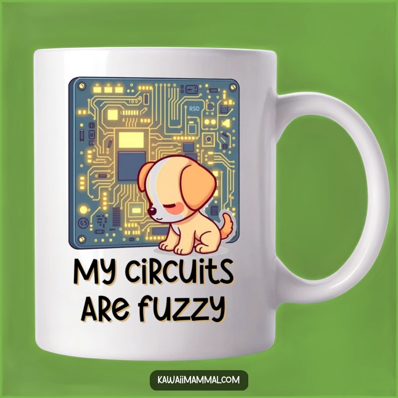 Funny Tech Puppy Mug: Curious Pup & Glowing Circuit Board - Perfect Nerdy Gift