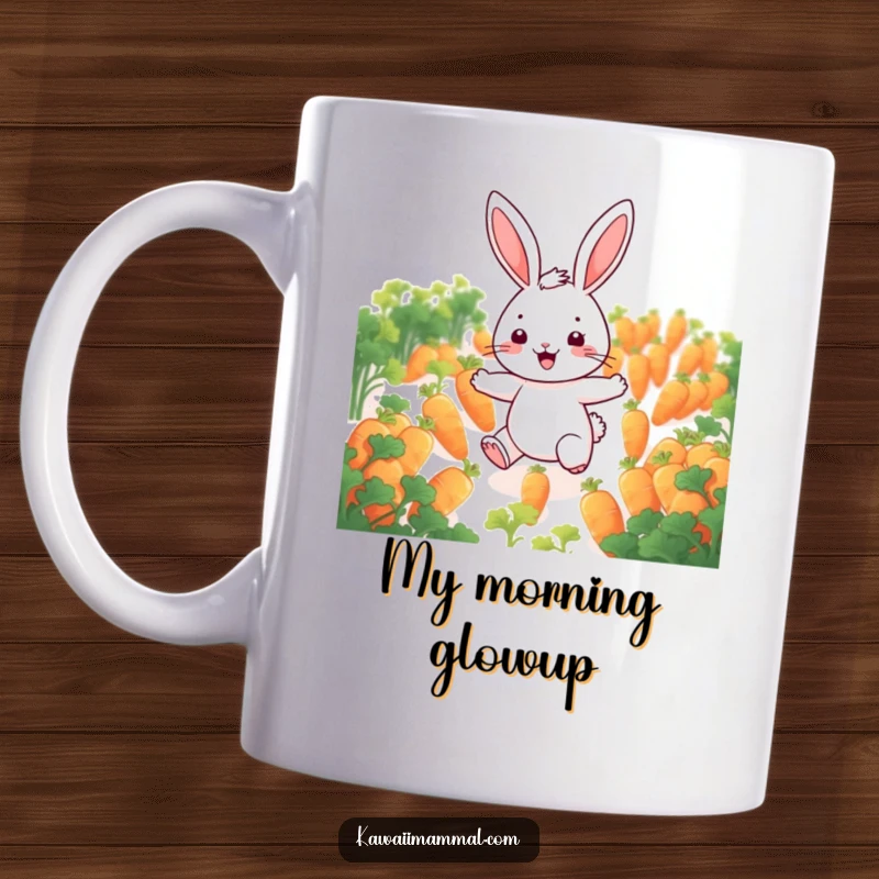 Funny rabbit mug with a cheerful character hopping joyfully through a field of glowing carrots, radiating happiness and light.