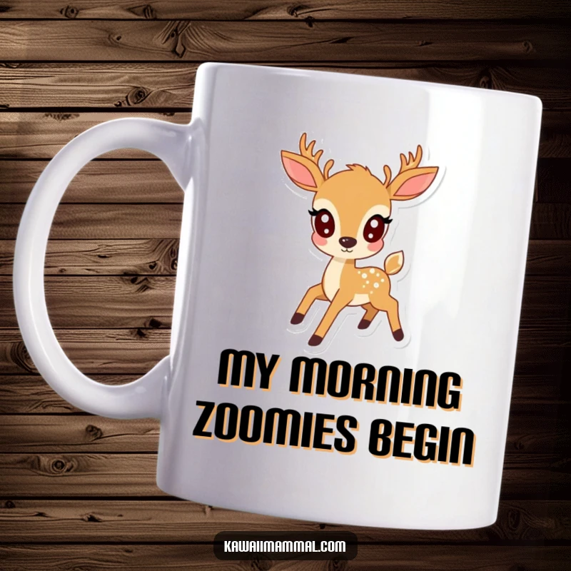 Funny kawaii deer with big eyes prancing joyfully, a whimsical woodland character illustration ideal for animal lovers.