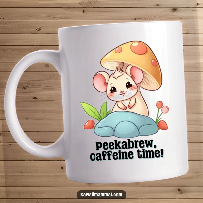 Funny mug featuring a giggling mouse peeking mischievously from behind a large, colorful mushroom, evoking playful secrecy.